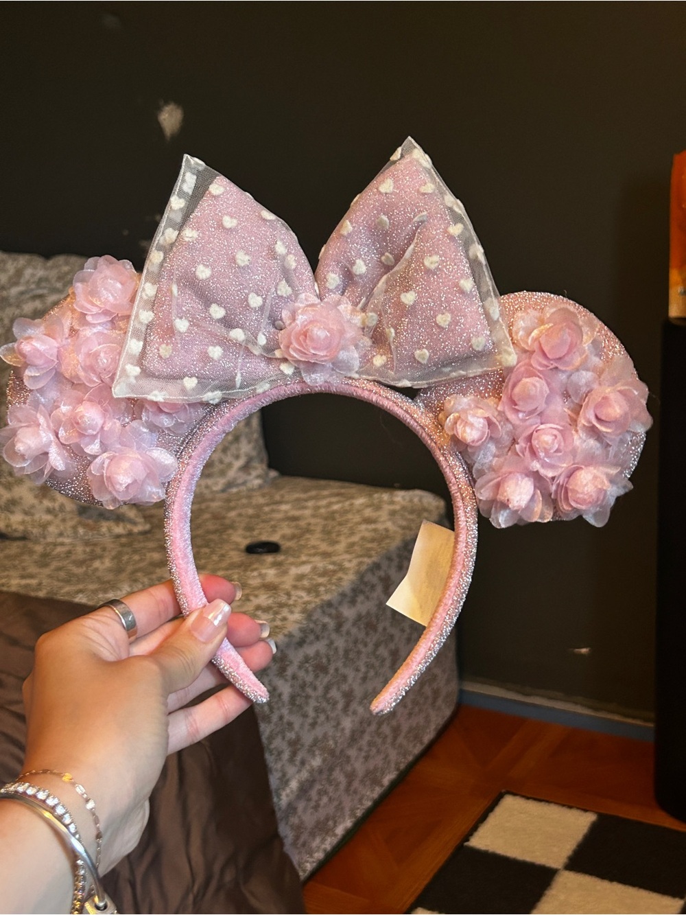 Pink Floral Mouse Ear Headband with Polka Dot Bow